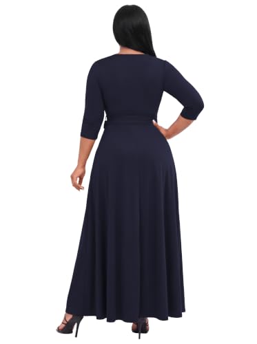 Image of FANDEE Plus Size Maxi Dress for Women Casual Summer Sundress V-Neck 3 /4 Sleeve | Print Fitted Wrap Dress with Pockets & Belt, Semi-Formal,3 /4-Sleeve V-Neck