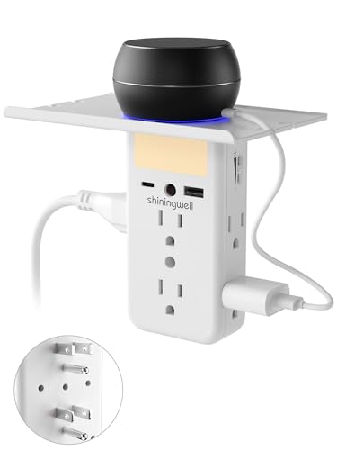 Shiningwell Wall Outlet Extender with Shelf and Night Light Wall Mount Multi Plug Expander with 2 USB (1A+1C) and 6 AC outlets 3-Sided Flat Electric Outlet Splitter for Home and Office Use White