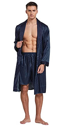 Image of TONY AND CANDICE Men's Satin Robe Lightweight Long Sleeve Silk Kimono Bathrobe with Shorts Set Sleepwear