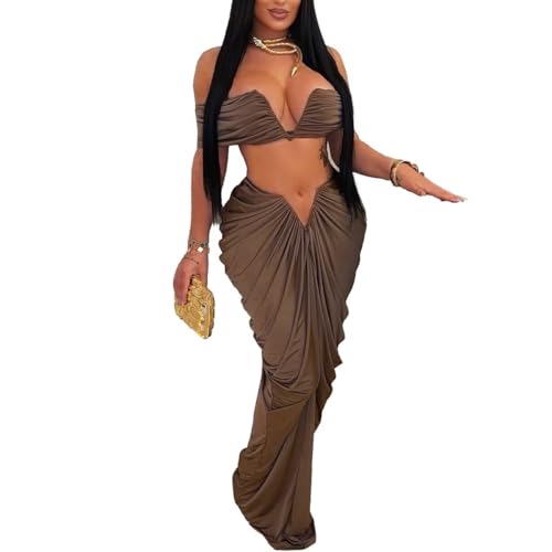 Womens Sexy Tube Tops and Ruched Pleated Skirts 2 Piece Sets Party Club Suits