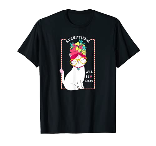 Everything Will Be OK Cat Fruit Mental Health T-Shirt, Black