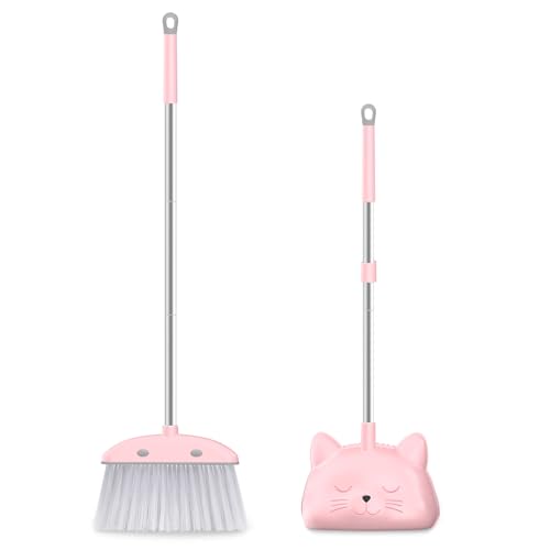 Mini Broom with Dustpan for Kids 28-in Handle Kids Broom and Dustpan Set for Toddlers Cat-Shaped Children Cleaning Set Boys Girls Small Housekeeping Helper Set Pink