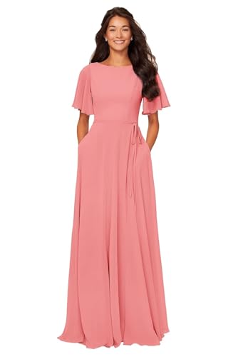 Image of petyoo Chiffon Flutter Sleeve Bridesmaid Dresses with Pockets Sash Long A Line Formal Dress