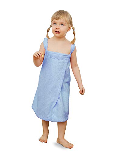 SIORO Towel Dress for Girls, Bamboo Cotton Toddler Robe Wraps with Straps, Soft Plush Swim Pool Shower Bathrobe Dress, Blue Shadow Large