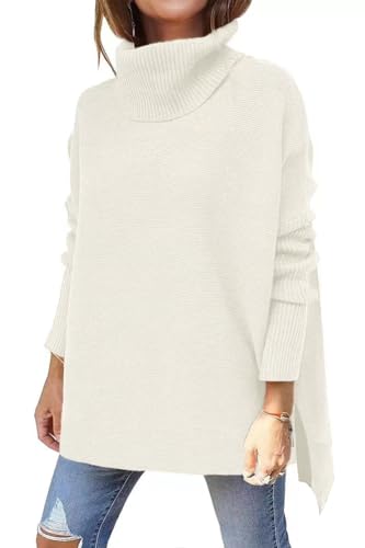 Image of Women's Turtleneck Oversized Sweaters Long Sleeve Split Hem Striped Knit Pullover Tops