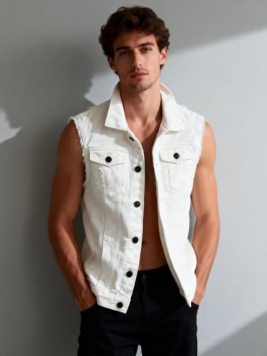 Image of Men's Sleeveless Ripped Denim Vest Casual Slim Fit Button Down Jeans Vests Jacket