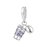 SBUTUXC Colgante con forma de taza de café, plata de ley 925, esmalte morado con detalle de grano de café, para pulseras, collares y tobilleras.