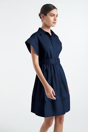 D-Sun Women Casual Button Down Shirt Dress V-Neck Short Sleeves Mini Shirt Dress Belted Short Party with Pockets2