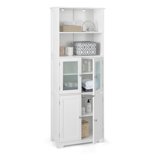 GIANTEX Armario de Almacenamiento Alto, Gabinete de Baño con Puerta & Estante Ajustable, Organizador Independiente de Suelo para Dormitorio, Cocina, Sala de Estar, Blanco,60 x 30 x 163 cm (Blanco)