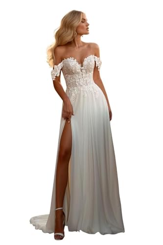 HUINI Chiffon Brautkleider für die Braut Langen Spitze-Applikationen Boho Strand Hochzeitskleider mit Schleppe Elfenbein 48