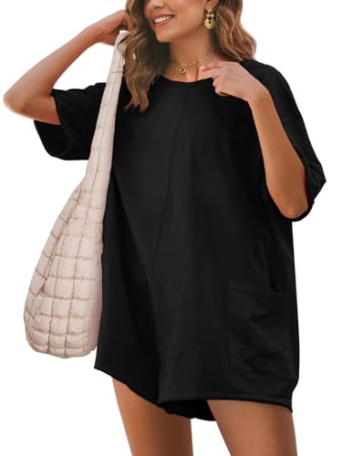 Glamaker Womens Oversized Summer Romper Casual Athletic Tee Romper Pajama Backless Loose Fit Shorts Jumpsuit Overalls With Pockets (Black S)