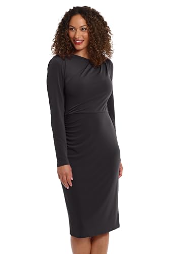 Image of London Times Women's Dresses Draped Neckline Slimming Midi Length Jersey Sheath Dress with