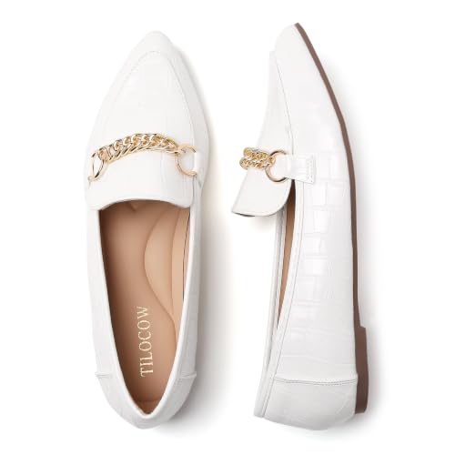 Image of Tilocow Metal Chain Loafers for Women Pointed Toe Slip on Flats Comfortable Fashion Work Shoes