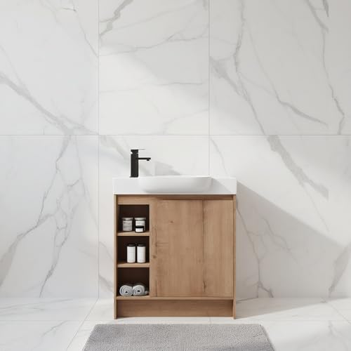Image of 30 inch Freestanding Bathroom Vanity with Integrated Ceramic Sink, Floor Mount Bathroom Cabinet with 3 Open Shelves & Soft Close Door, Modern Small Bath Vanity Set, Easy to Clean, Natural Oak