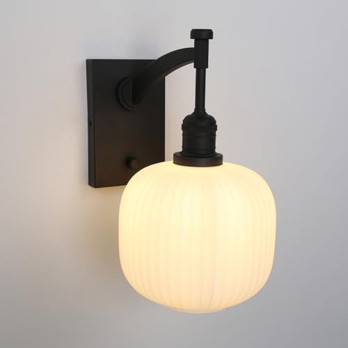 Image of Pathson Milk White Glass Wall Sconce with Switch, Hardwired Wall Vanity Light, Mid-Century Vintage Wall Lamp Fixture or Living Room Farmhouse Bathroom Bedside Lighting