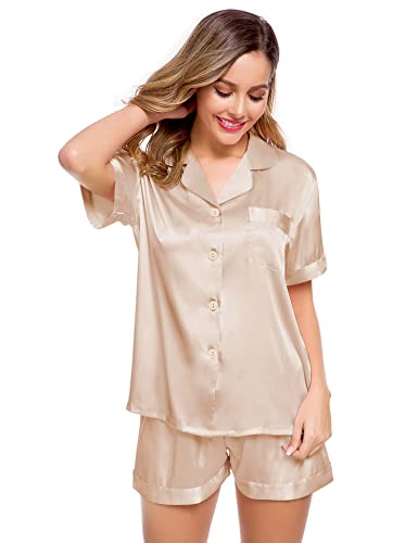 Image of LecGee Womens Silk Satin Pajamas Short Sleeve Loungewear Two-Piece Sleepwear Button-Down Pj Set