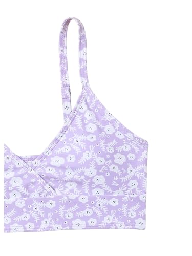 Image of COZYEASE Girls' 3 Piece Set Floral Print Bikini Swimsuit with Drawstring Beach Skirt Cute Ruched Bathing Suit Floral Printed Purple 9 Years