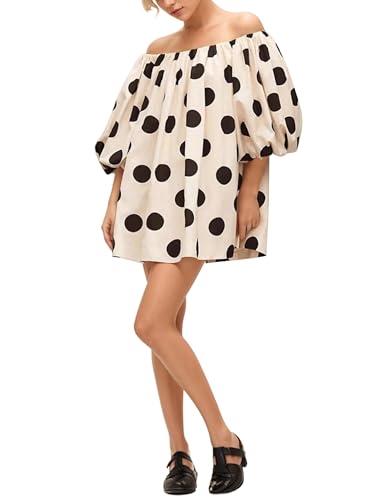 Image of MISSACTIVER Women's Polka Dot Mini Dress Off Shoulder Puff Sleeves Elegant Blouse Short Dress Loose Fit Bubble Beach Dresses