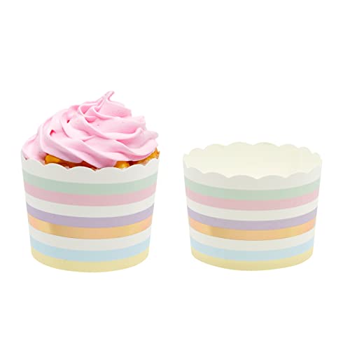 50 Pack Striped Paper Baking Cups, Rainbow Pastel Cupcake Liners For Muffins (2.2 In) #TOP4