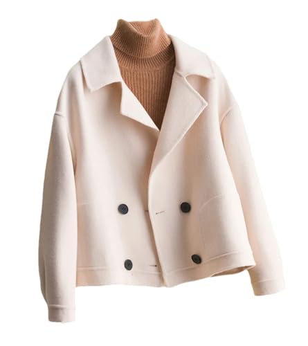 Mnjyihy Women Autumn Short Solid Wool Coat Outerwear Winter Double Breasted Loose Casual Warm Jacket
