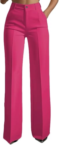 2026 - Pantalones de traje de cintura alta para mujer, de pierna recta, pantalones de vestir de primavera de cintura alta para negocios, casual, trabajo, pantalones de vestir, Rosa Roja, L