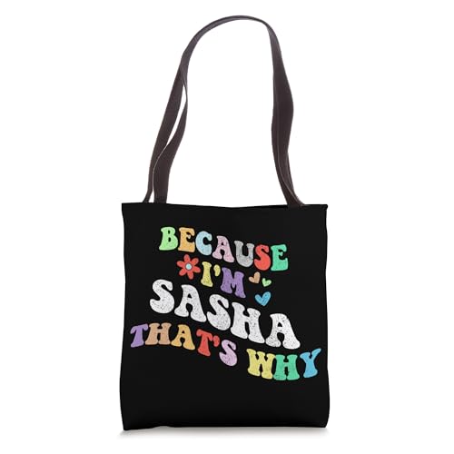 Bolsa tote personalizada divertida con frase 'Retro Groovy Because I'm Sasha That's Why' miniatura 1