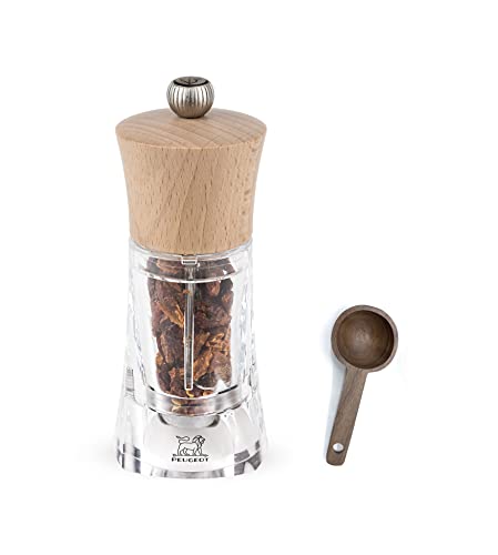 Peugeot - Oleron Manual Mill Chili Mill - Transparent Adjustable Grinder - Acrylic and Beechwood, Natural, 5.5 Inches - With Wooden Spice Scoop Spoon