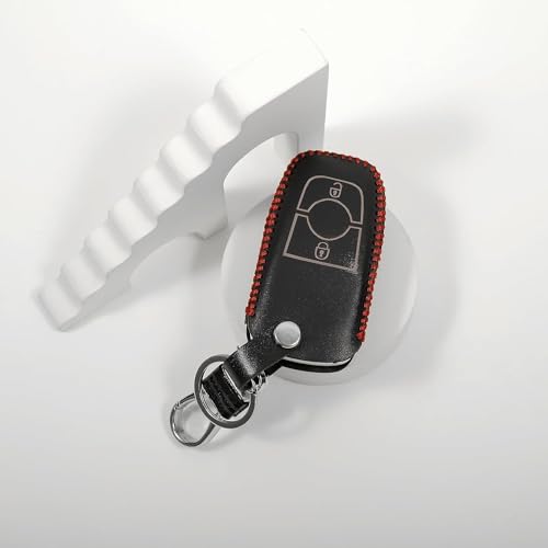 Image of Leather Smart Car Key Cover Case with Metal Hook Keychain for Ford EcoSport (Black)