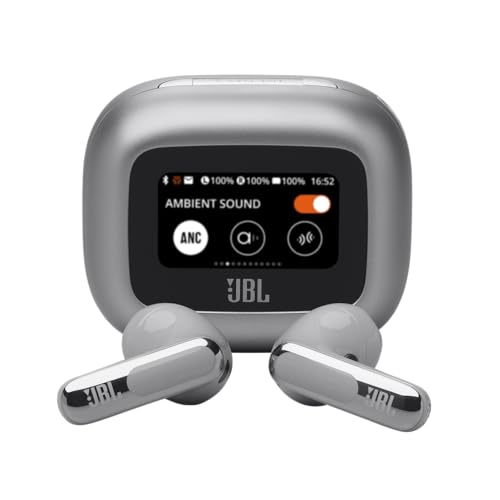 JBL Live Flex 3, Wireless Earbud-Kopfhörer mit Bluetooth, 50 Stunden Akkulaufzeit, True Adaptive Noise Cancelling und hochauflösendem JBL Signature Sound, IP54 wasserfest, mit Ohrstöpseln, Silber