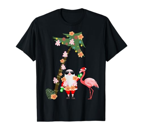 Babbo Natale fenicottero palma divertente floreale retrò Hawaii Natale Maglietta