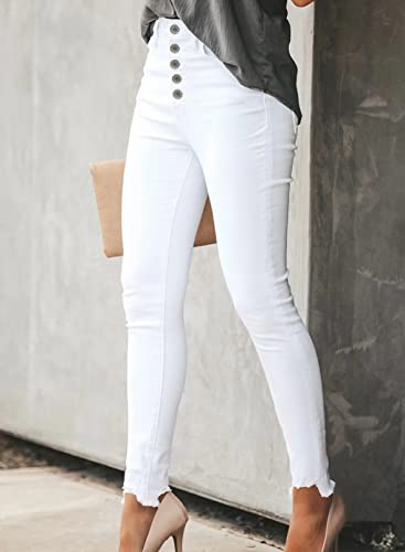 Sidefeel Women's White Jeans High Waisted Skinny Button Fly Raw Hem Elegant Denim Pants3