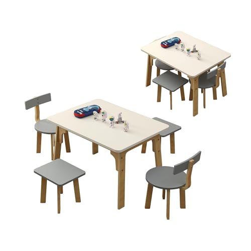 hoopyosms Set de Mesa y Sillas para Niños, Mesa Infantil Montessori con 4 Sillas de Madera para Actividades y Aprendizaje, Muebles para Niños Pequeños, Gris