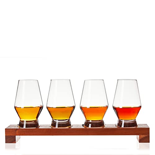 Viski Spirit Tasting Flight Set, Crystal Glass Set with Wooden Tr...