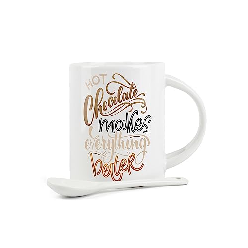 Purely Home Hot Chocolate Mug and Spoon Set - Hot Chocolate Makes Everything Better - Ceramic White Coffee/Tea Mug with Spoon in Handle - Image 2