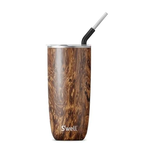 S'well Stainless Steel Tumbler with Straw and Slide-Open Lid, 24oz, Teakwood, Triple Layered Vacuum Insulated Containers Keeps Drinks Cold for 18 Hours and Hot for 5, BPA Free