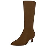SKYSTERRY Women's Low Heel Office Pointed Toe Casual Spool 2 Inch Zip Knee High Suede Boots Dark Brown Size 7 - Zapatos de Tacon para Niñas