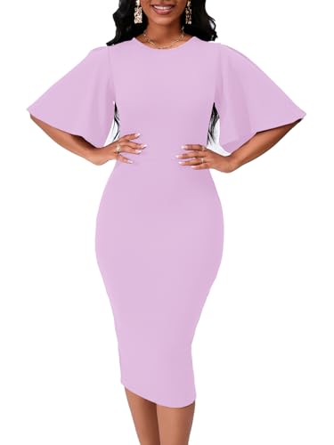 Image of WanMem Womens Basic Bodycon Ruffle Flared Short Sleeve Pencil Midi Dress