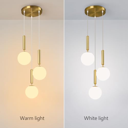 Image of Modern Gold Pendant Light Hanging Fixture Light for Kitchen Island Mid Century with Globe Pendant Light Milk White Glass Pendant Lighting for Living Room Bedroom Entryway (3 Lights)