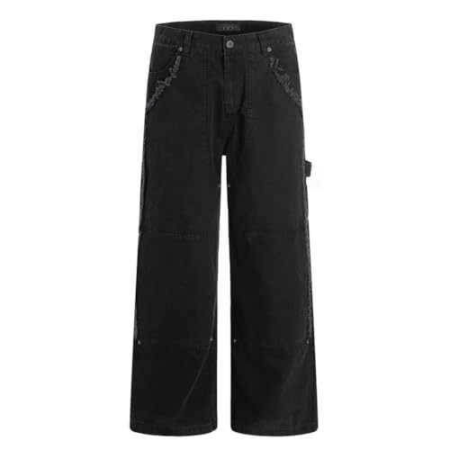 Men's Vintage Washed Blue Cargo Jeans, Retro Streetwear, Loose Fit, Wide Leg Carpenter Trousers