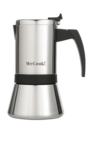WECOOK! Cafetera italiana acero inoxidable 18/10 9-10 tazas para inducción – espresso/moka – mango Soft-Touch de baquelita – válvula de seguridad de níquel – cuchara medidora incluida