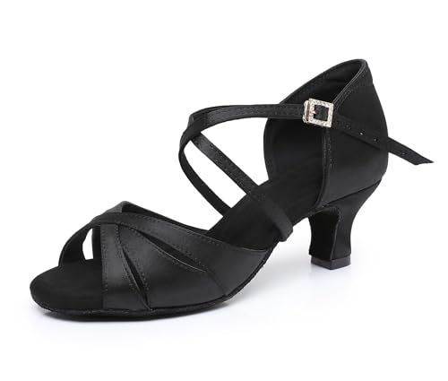 Rosefinch Latein Tanzschuhe für Frauen Weiche Sohle Strass-Schnalle Salsa Ballroom Performance Schuhe Professionelle Praxis Tanzschuhe 5cm Absatz, Schwarz 40EU