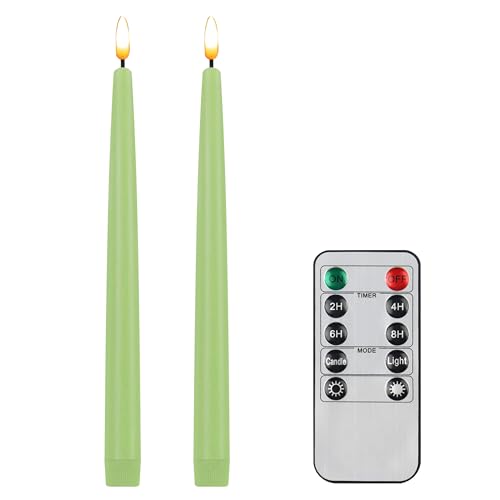 Image of CVHOMEDECO. Flameless Taper Candles with 10-Key Remote, Battery Operated Led Flickering 3D Wick Window Candles Real Wax Finished Home Christmas Party Decor 0.78 x 11 Inch, Pack of 2, Light Green