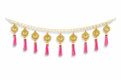 Image of Handcrafted Pearl Beaded Door Toran with Pink Tassels | 3 Feet Decorative Bandhanwar for Main Door, Mandir & Wedding Decor | Traditional Hanging for Diwali & Griha Pravesh