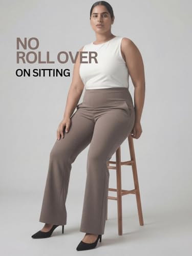 Image of AMYDUS Plus Size Women Tummy Shaper Bell Bottom Pants | High-Waist | Stretchable | Wide Waistband | 2 Pockets | Cloud Soft Fabric | Tummy Tucker Jeggings for Women - L to 9 XL Taupe Brown