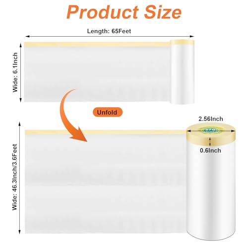 Image of 4 Rolls Painters Plastic with Tape, 3.6Ft x 65Ft Pre-Taped Masking Paper for Painting Automotive Masking Film Paint Adhesive Protective Film Roll for Painting Covering Walls Windows Auto Body