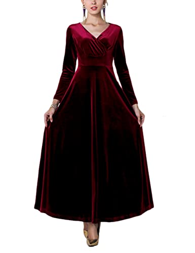 Urban CoCo Women Long Sleeve V-Neck Velvet Stretchy Long Dress - Image 3