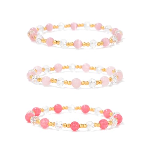 Konxi 3 Stück Echtes Naturstein Armband, Naturstein Perlen Stretch Armbänder, Edelsteine Armband Set, Chakra Armbänder Steine für Frauen Männer Teens (Rosa)