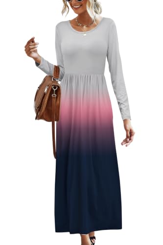 Image of AUSELILY Womens Long Sleeve Maxi Dress Casual Empire Waist with Pockets | Versatile year round long dress for spring, fall, winter, available in floral prints and solids