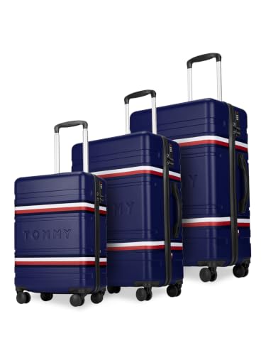 Image of Tommy Hilfiger Hard Luggage Set of 3 (Small, Mid and Large) Berlin - Navy | Check-in Trolley Bags with TSA Lock | 360 Spinner Wheels | Telescopic Handle | Hardshell PC Suitcase |Water Resistance