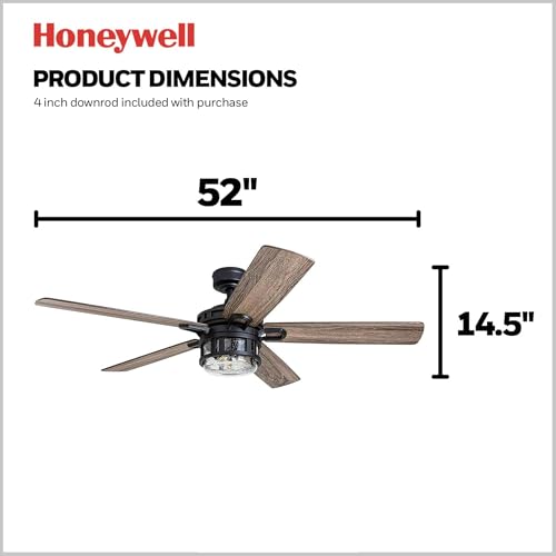 Image of Honeywell Bonterra 52 Inch Ceiling Fan with LED Light and Remote Control, 5 Blades, Modern Fan for Rooms Over 400 Sq Ft, Matte Black